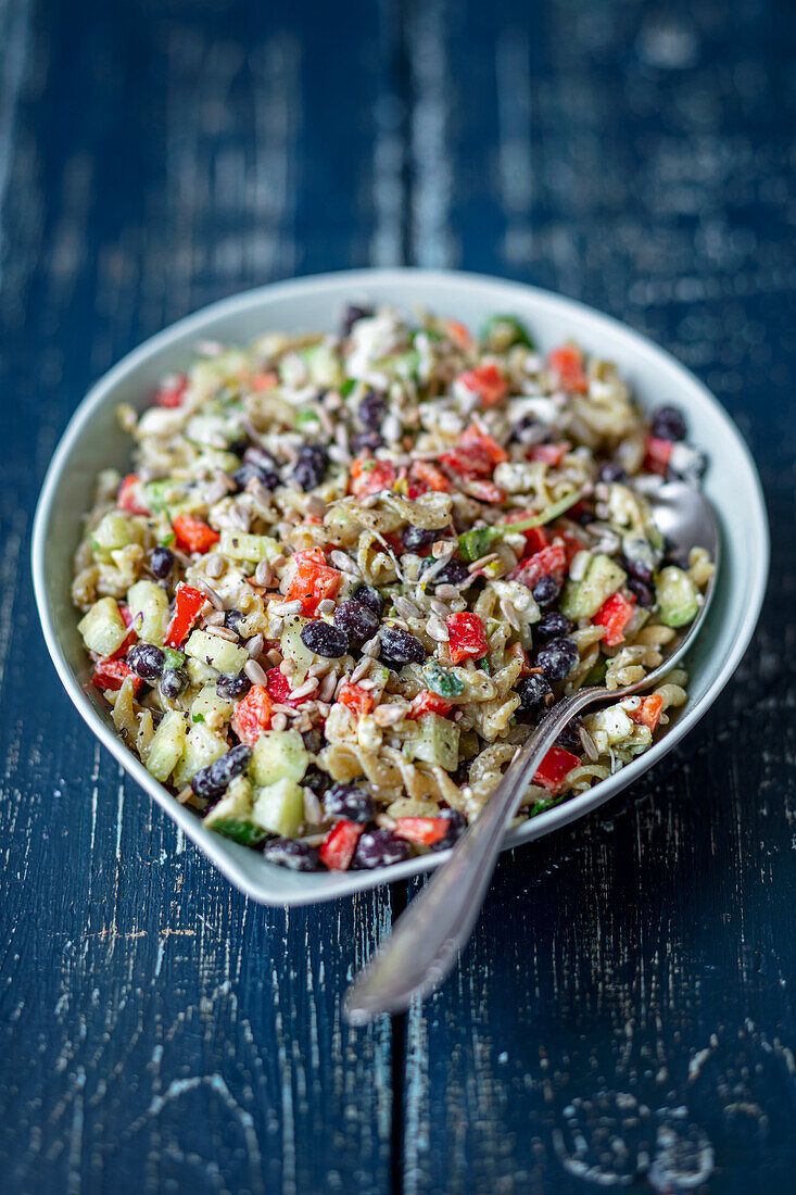 Pasta salad with feta, cucumber, peppers and cranberries