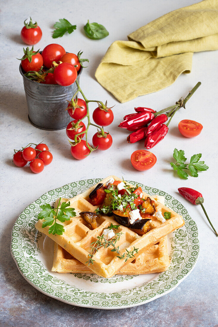 Pikante Pecorino-Waffeln mit Tomaten-Auberginen-Gemüse