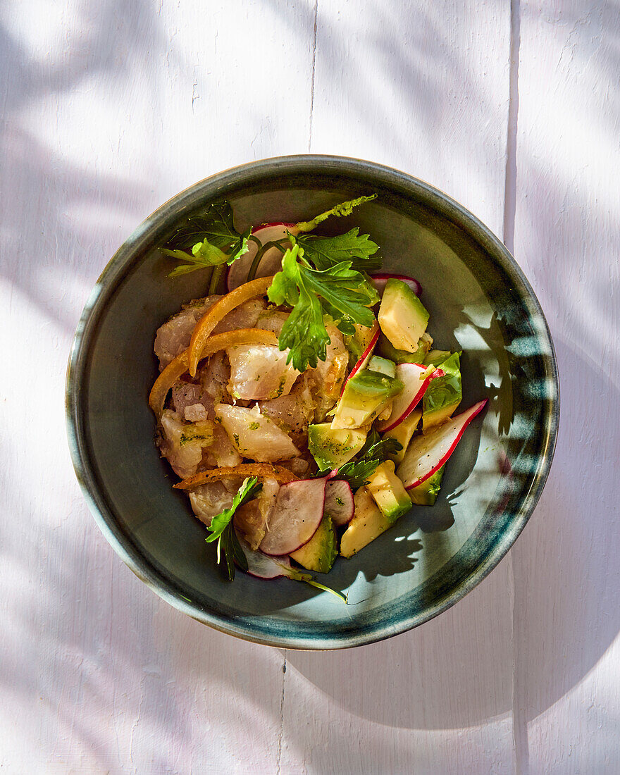 Sea bream ceviche with avocado and lemon confit