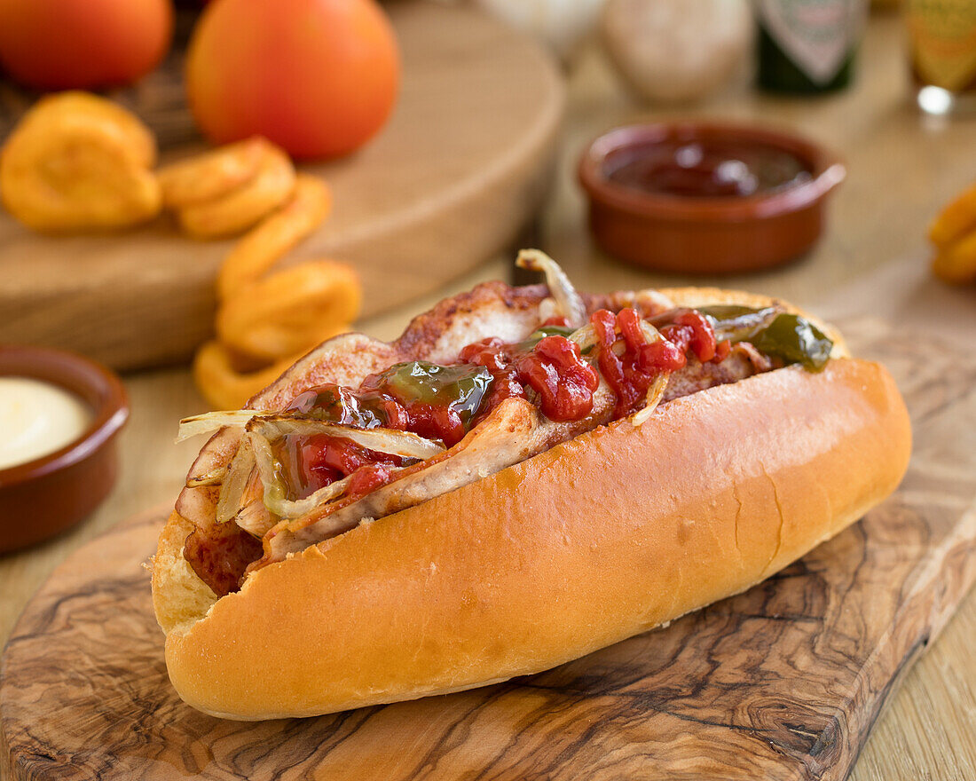 Hotdog with onions and peppers