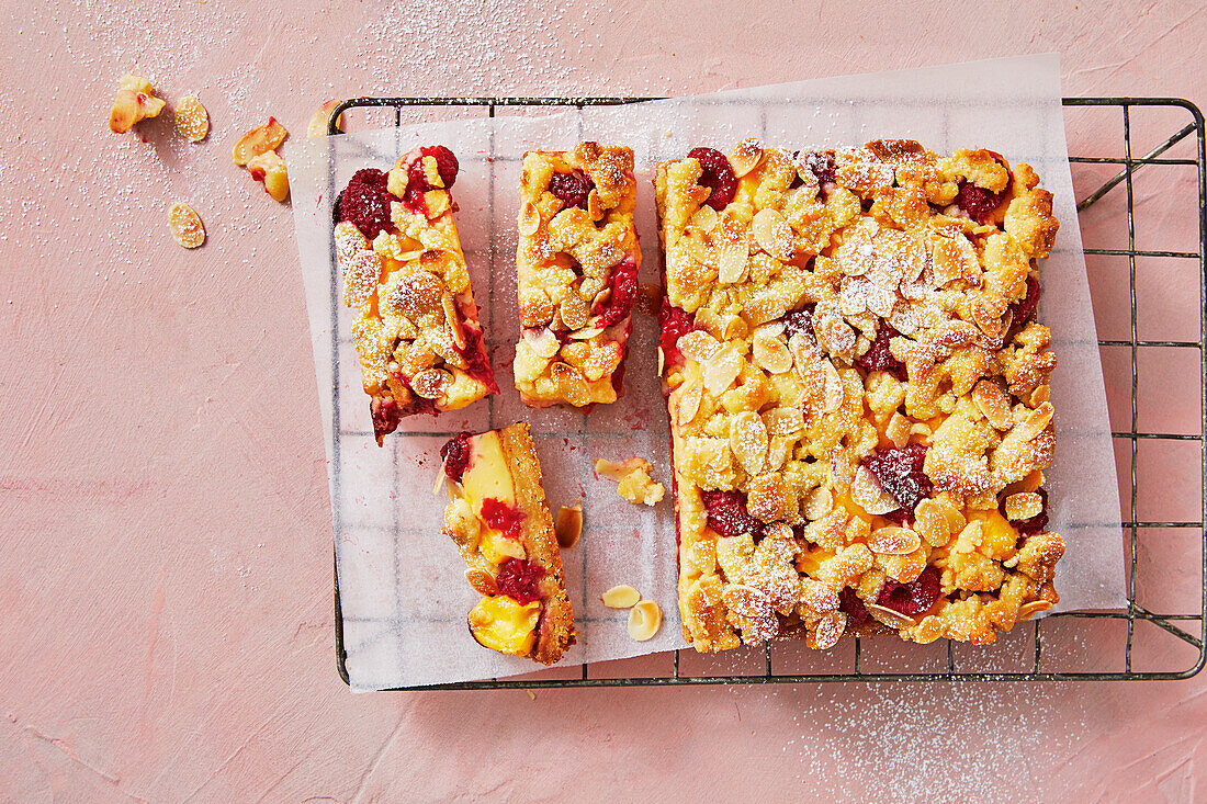 Raspberry crumble pudding slices