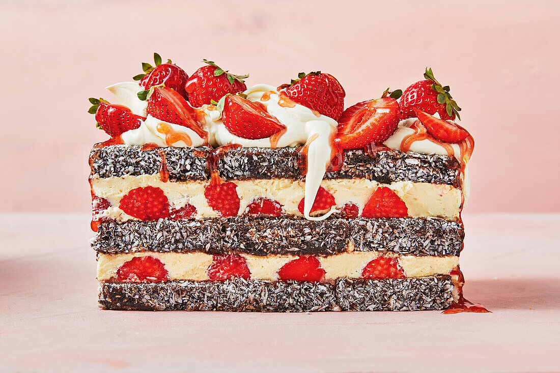 Lamington pudding slices with strawberries and cream