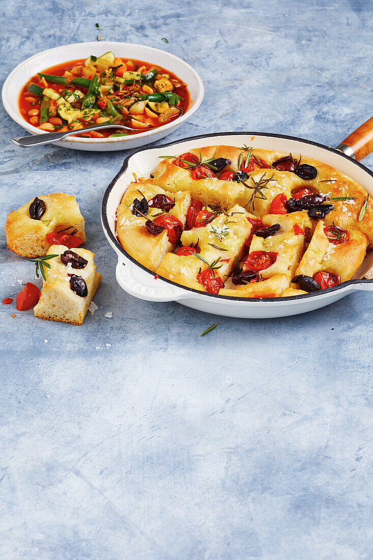 Mashed potato focaccia and red minestrone