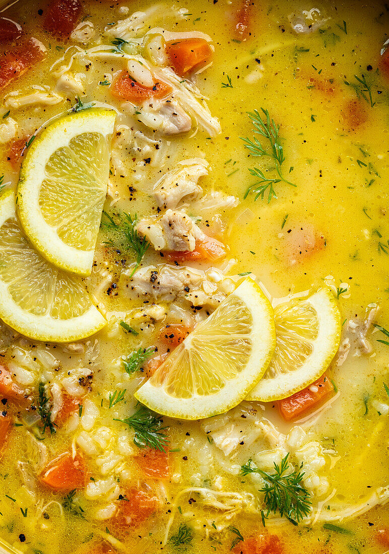 Avgolemono soup with chicken, lemon and dill (Greece)