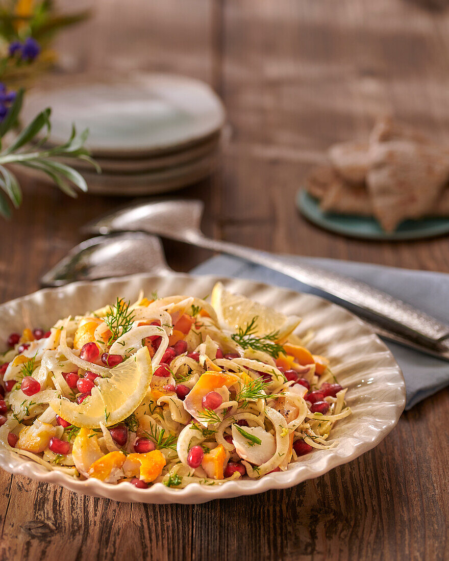 Fennel salad with smoked fish and pomegranate seeds