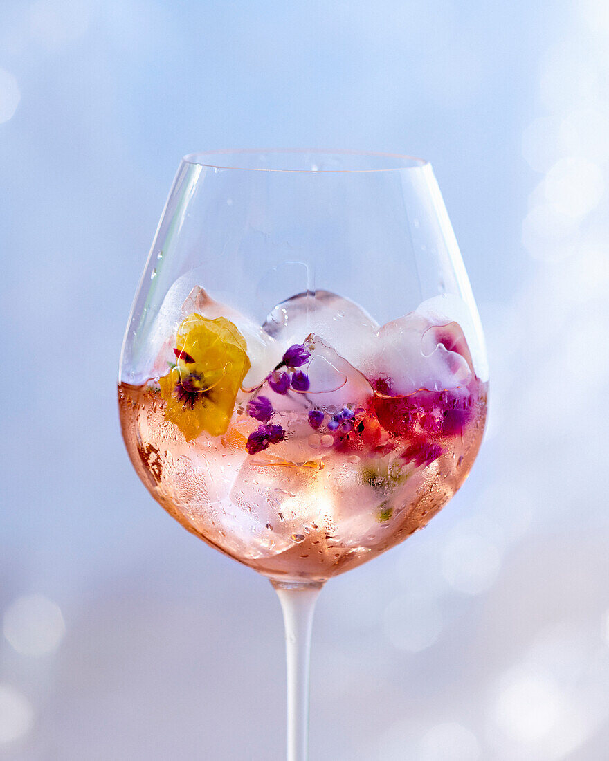 Roséwein mit essbaren Blumen in Eiswürfeln