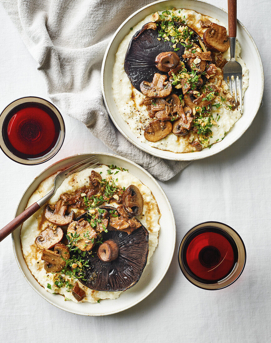 White cheese polenta with braised mushrooms