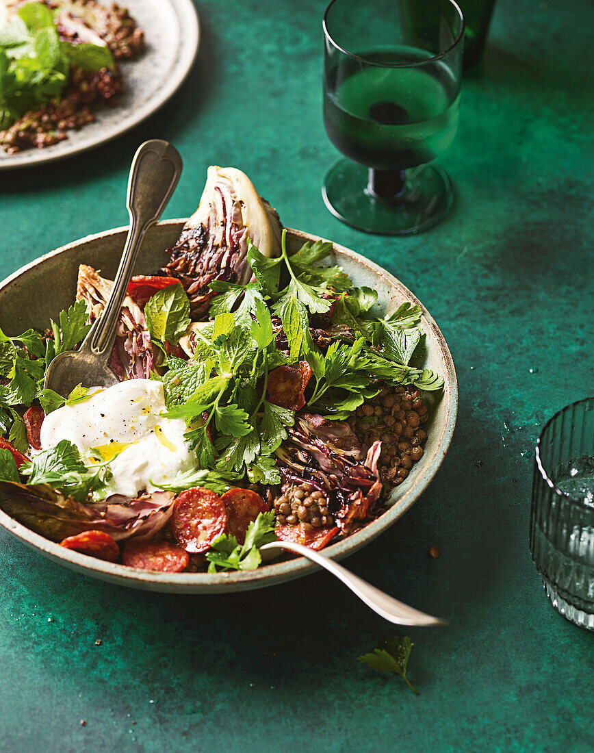 Braised lentils with grilled radicchio and salami