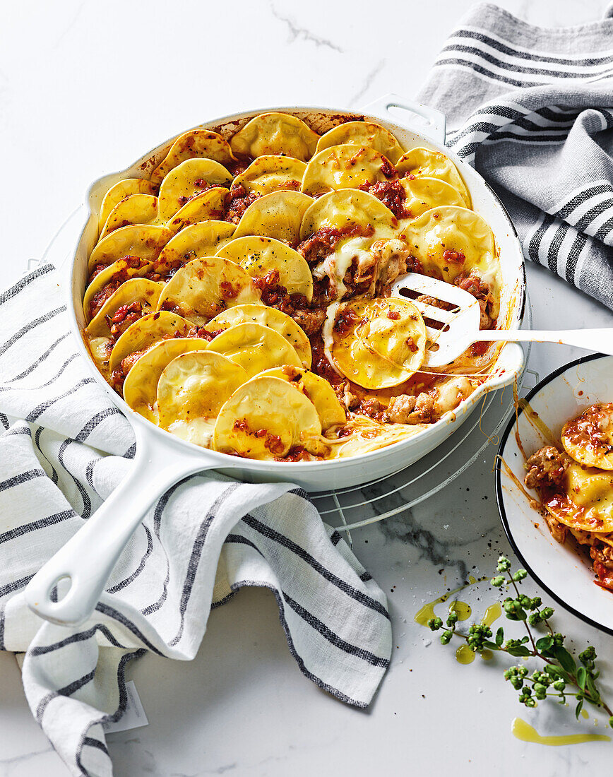 Baked ravioli with Italian sausage and mozzarella