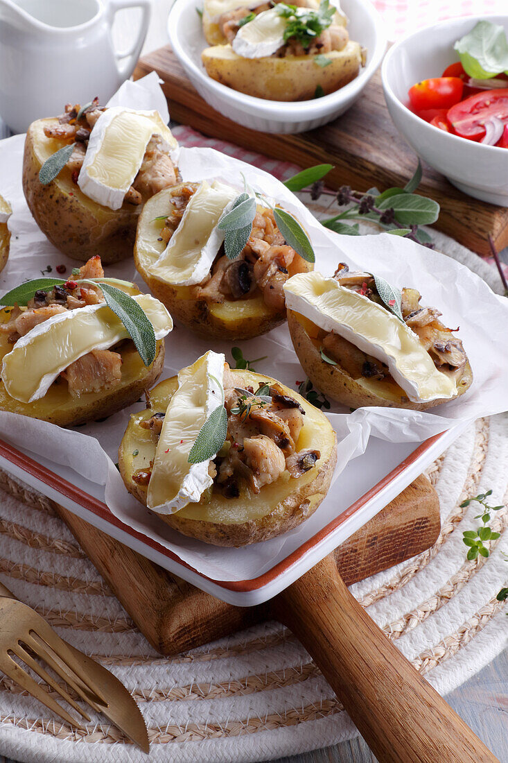 Baked potatoes with chicken and brie