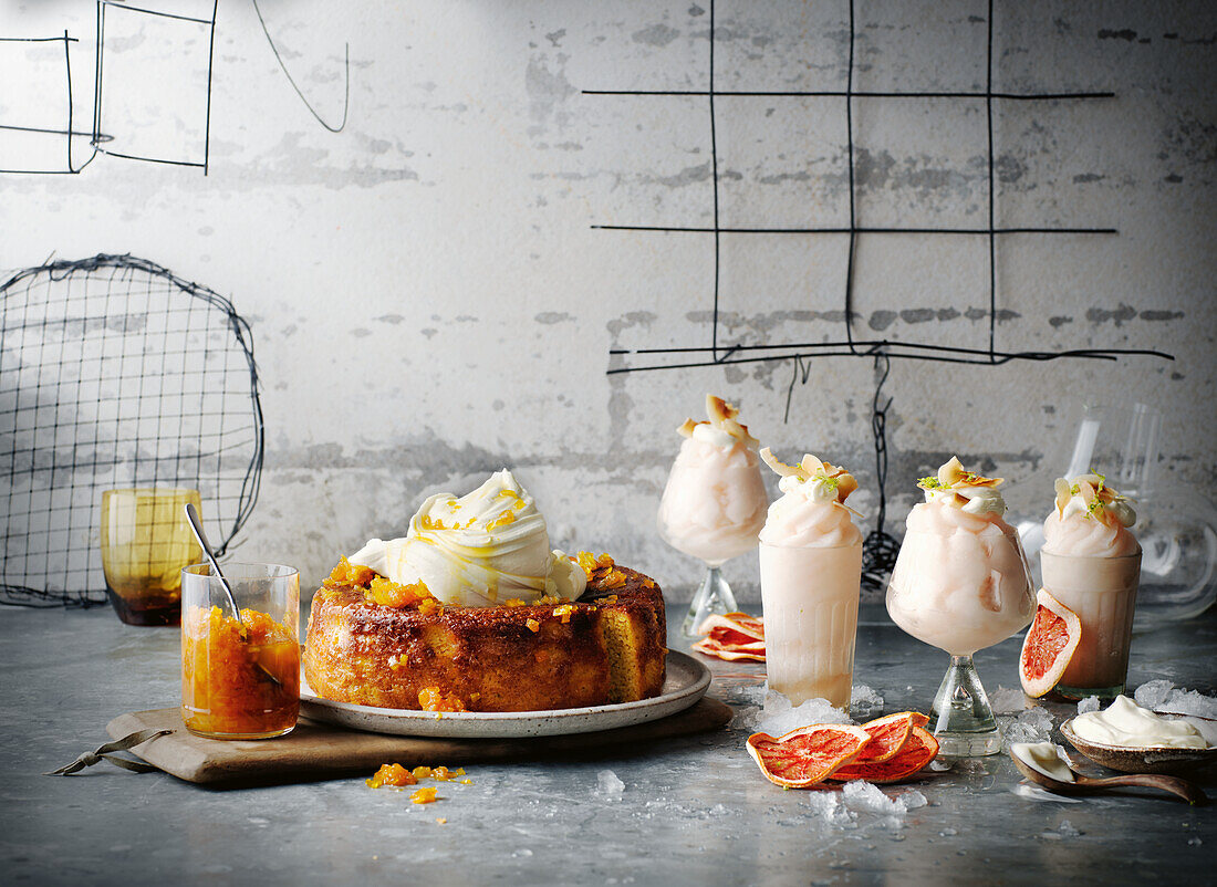 Orange marmalade cake and grapefruit sorbet with coconut yoghurt cream