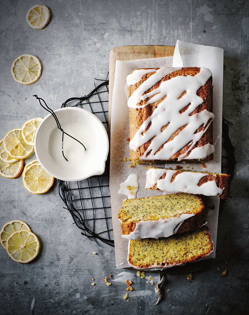 Gluten-free lemon and poppy seed cake with icing