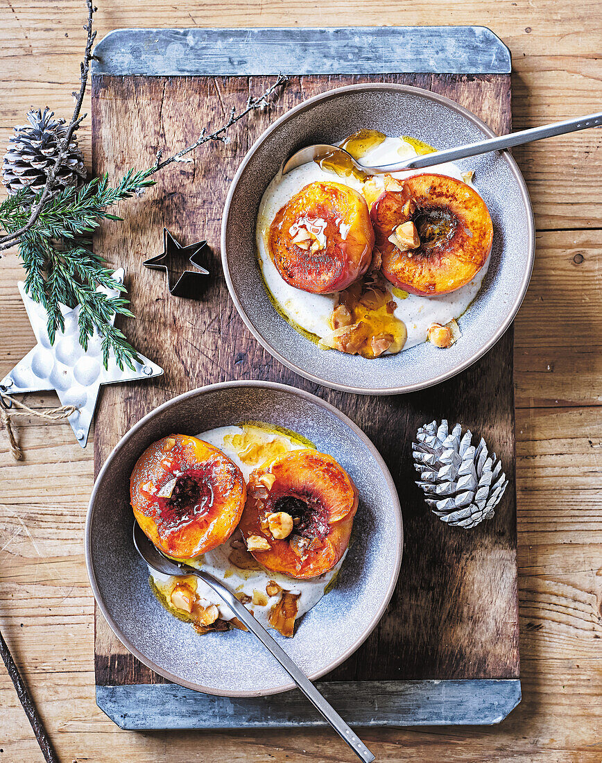 Brown butter peaches with cinnamon yoghurt and honey-nut topping