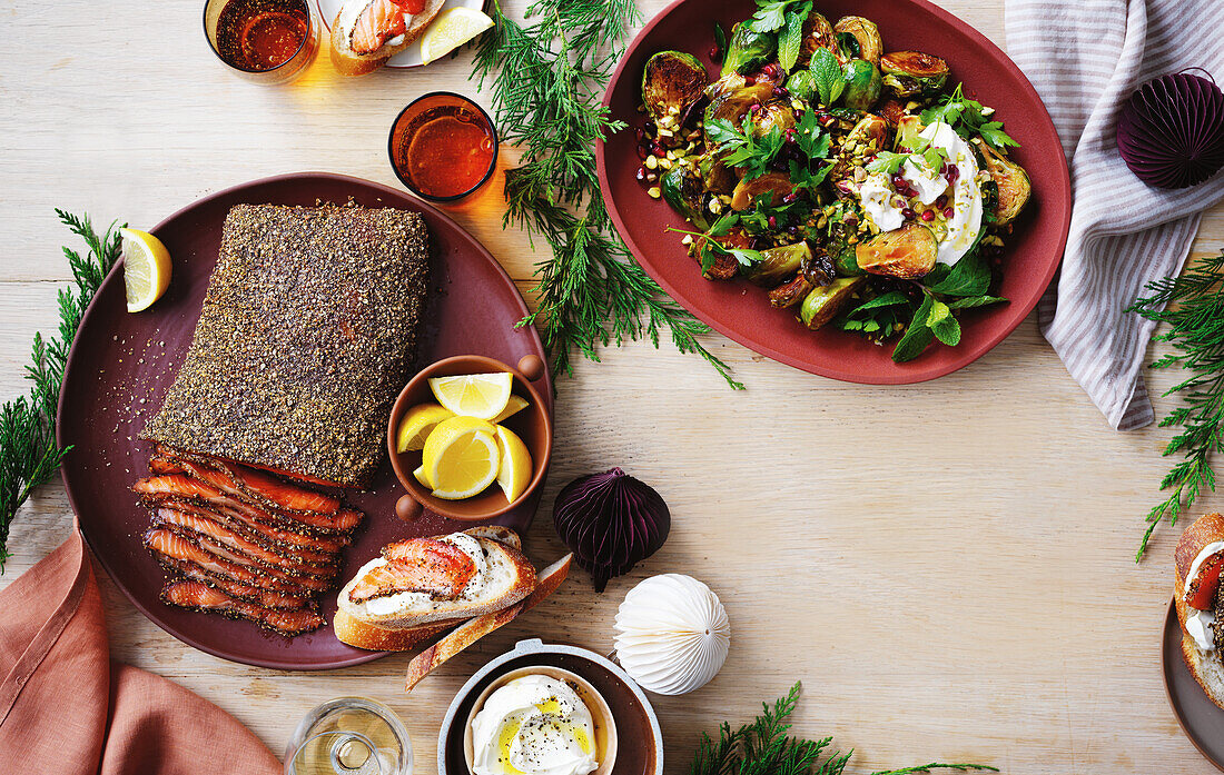 Salmon pastrami with Brussels sprout and pomegranate salad