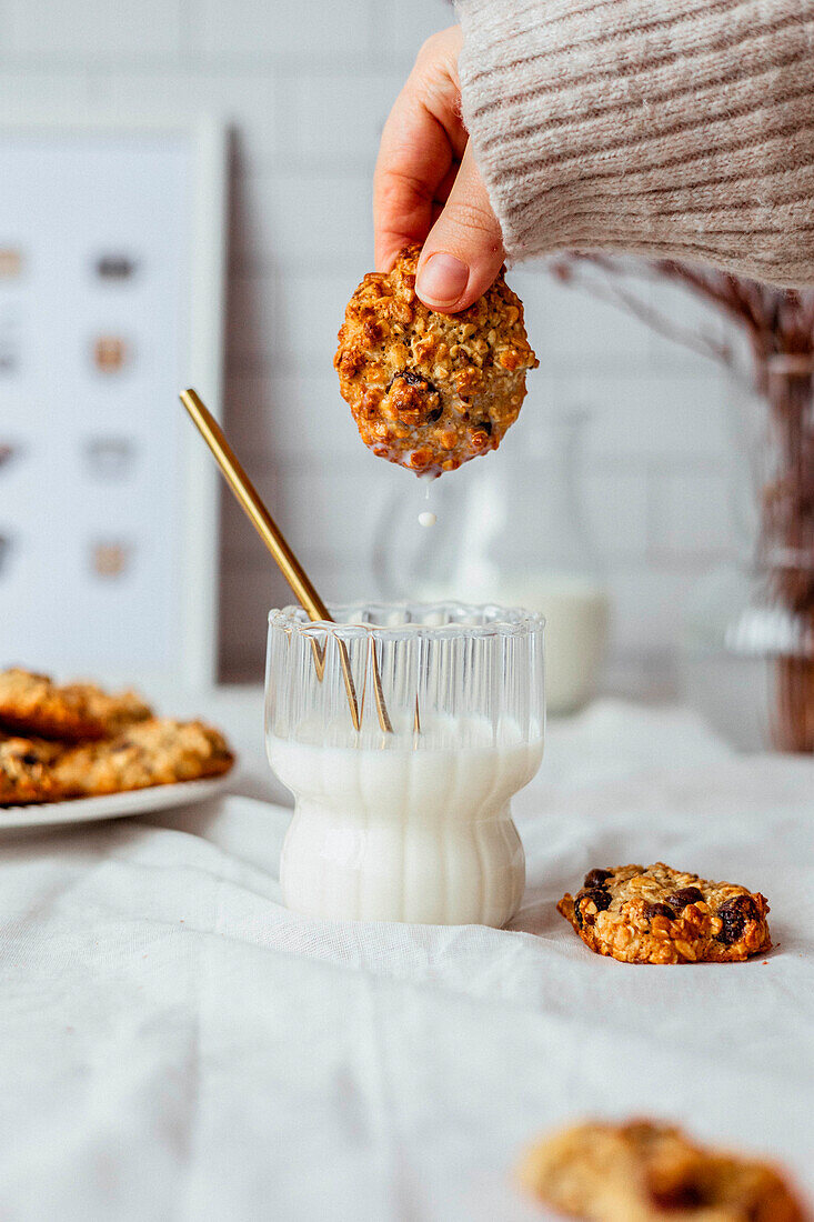 Muesli biscuits dipped in milk with nuts and sultanas