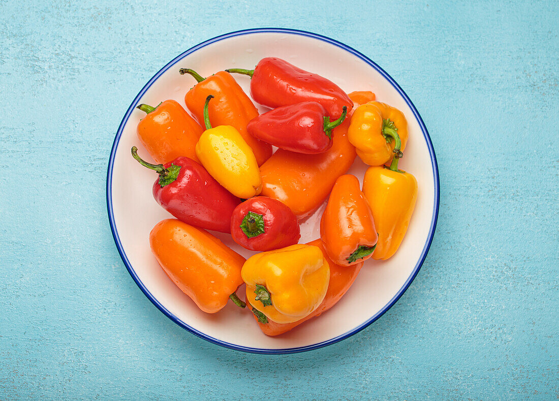 Colourful mini peppers on a white plate