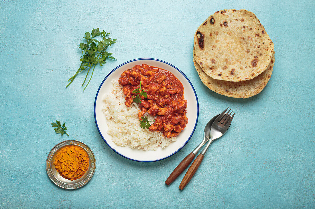 Chicken curry with basmati rice and chapati