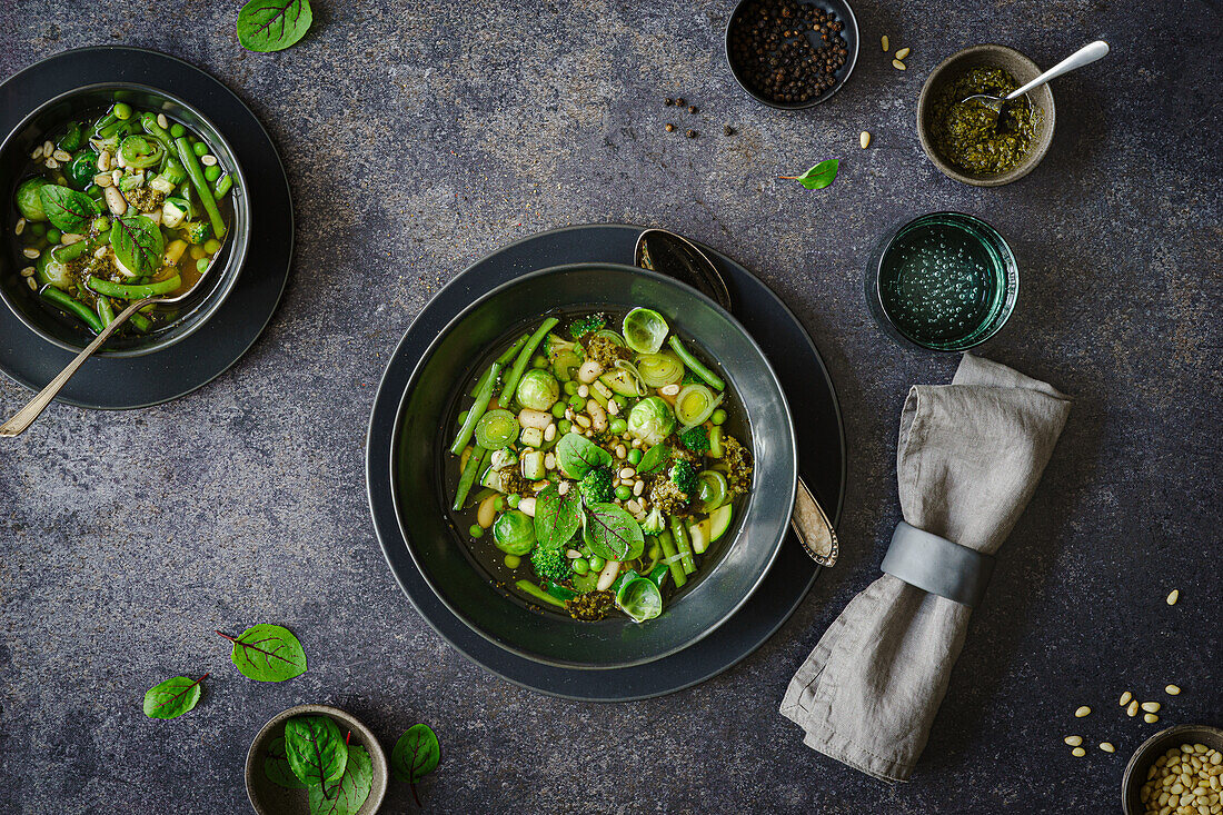 Vegetable soup with beans, Brussels sprouts, broccoli and peas