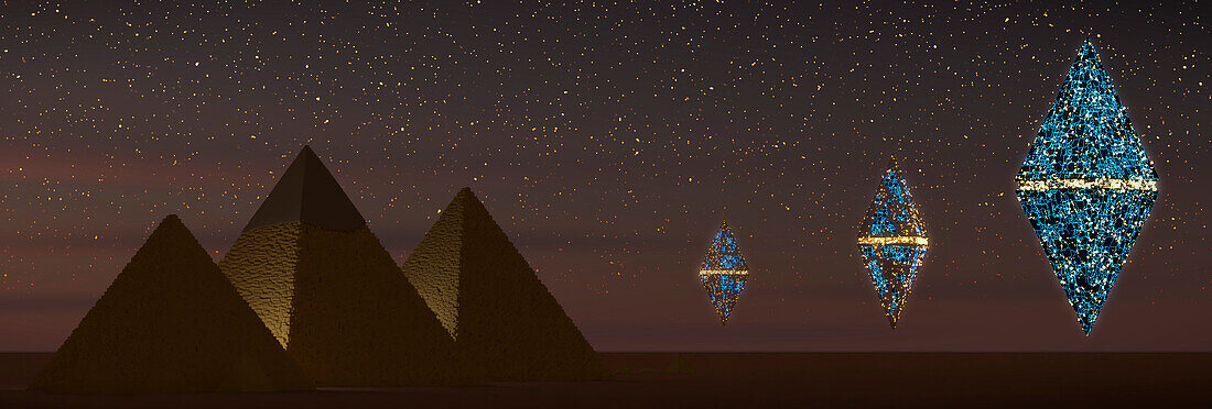 UFOs above the Pyramids of Giza, Egypt, illustration