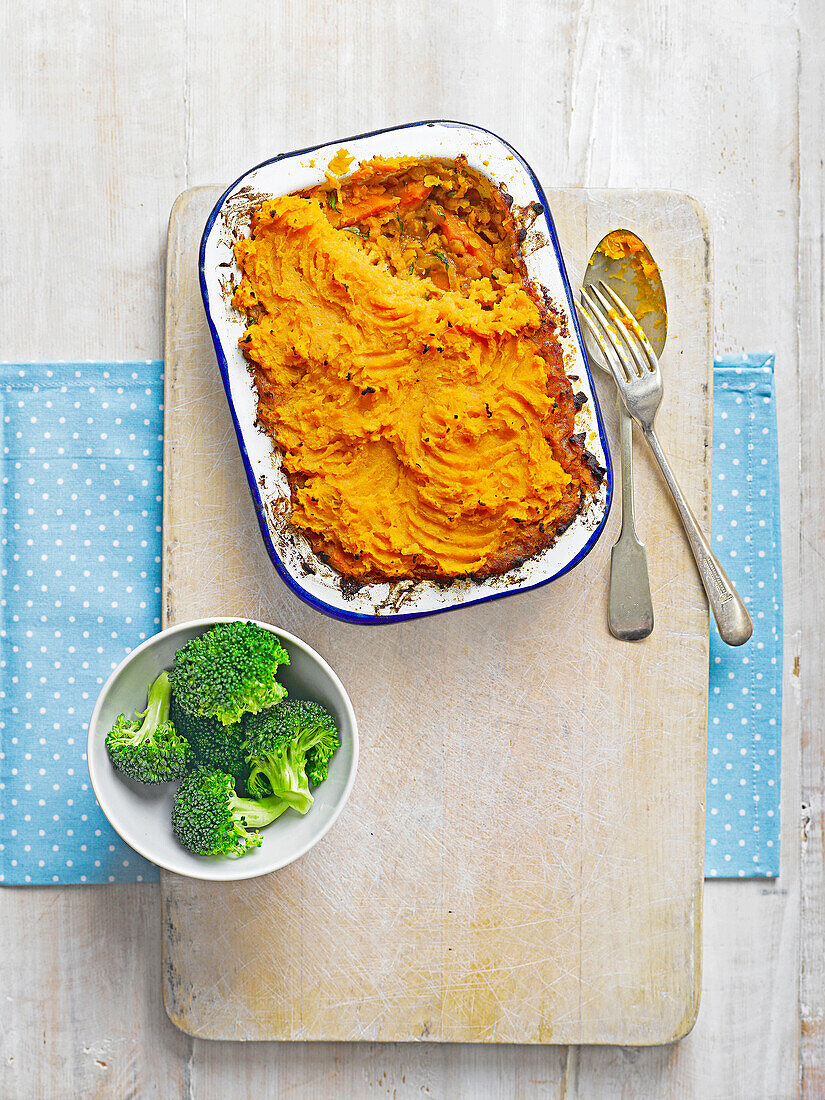 Sweet potato casserole with lentils and broccoli side dish