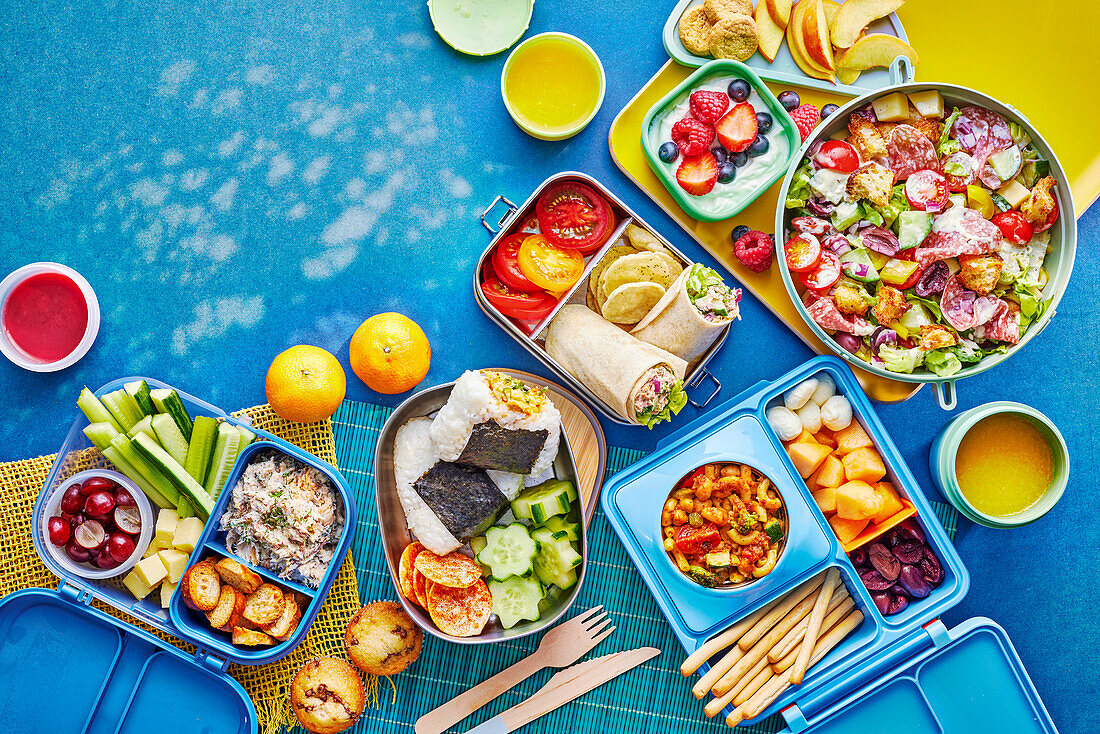 Verschiedene Lunchbox-Ideen mit Onigiri, Salaten, Rohkost und Wraps