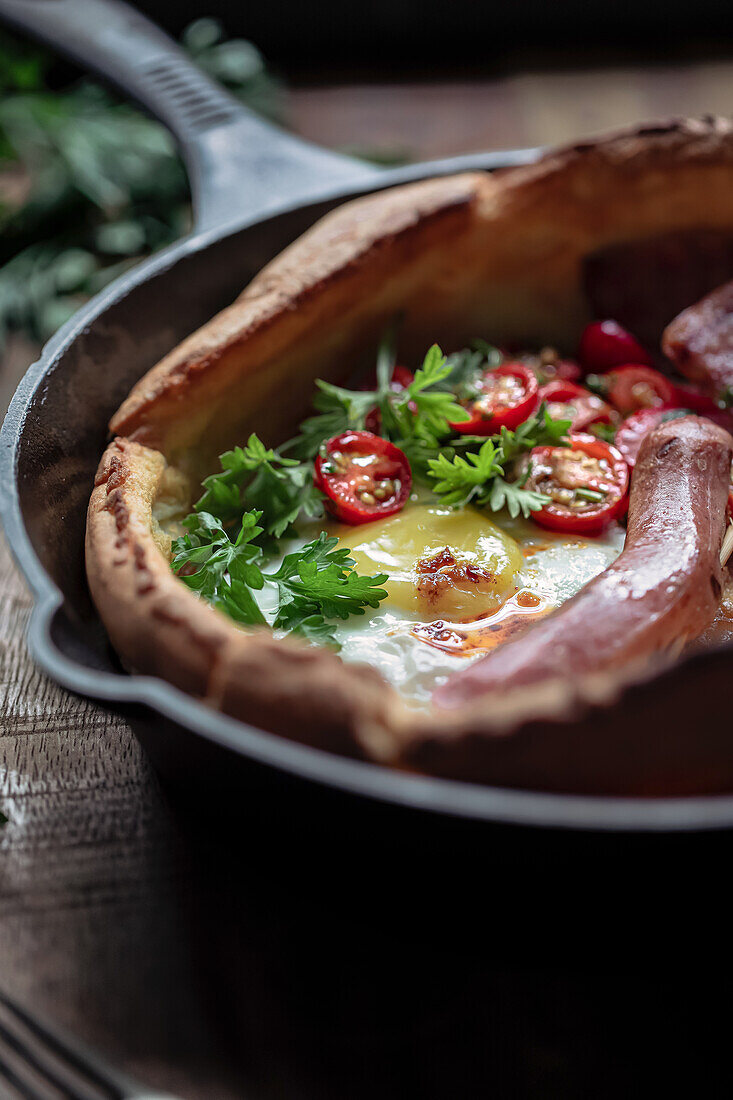 "Savory Dutch Baby" mit Eiern und Wurst