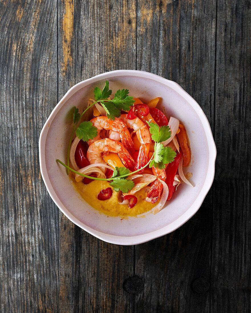 Prawns in bouillon de poisson with coriander and chilli