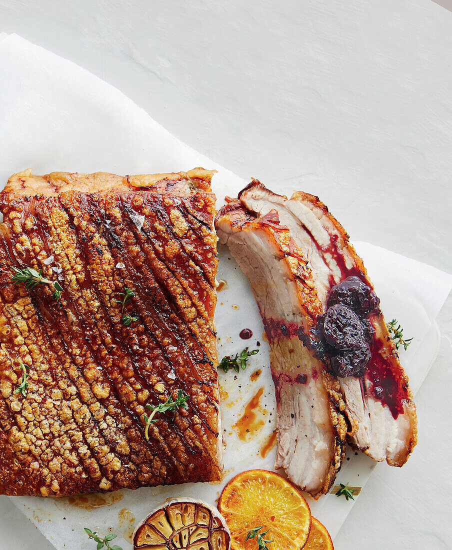 Crispy pork belly with cherry chutney