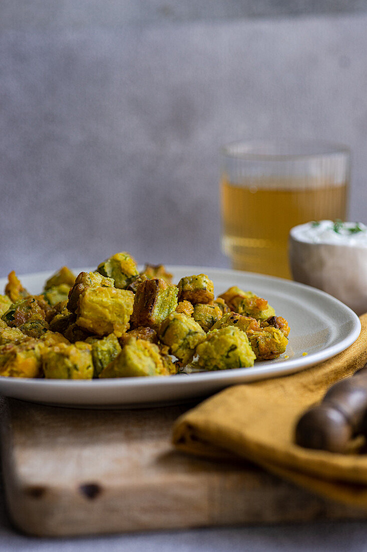 Deep-fried okra with sour cream dip