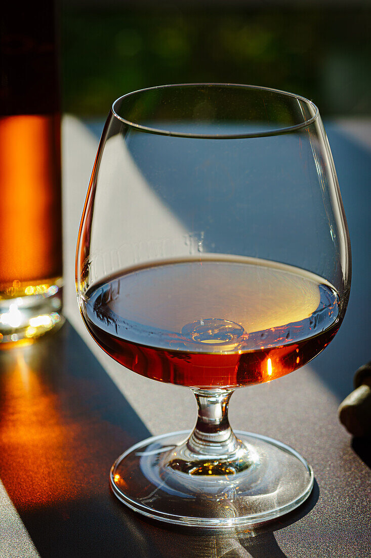 Cognac in a glass with sunlight reflections