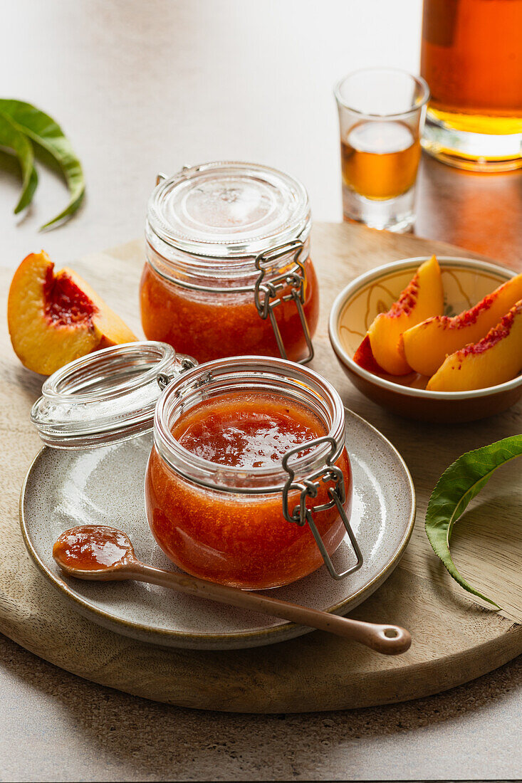 Nectarine and cognac jam in a jar