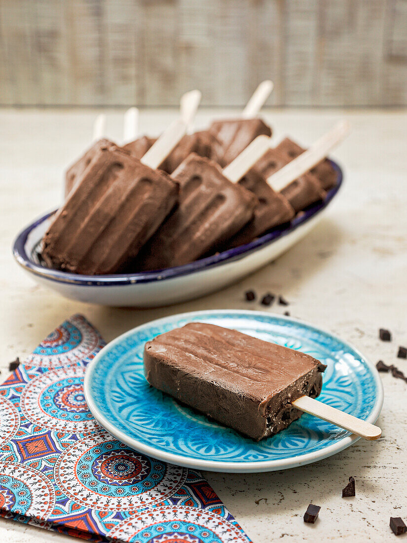 Homemade chocolate ice cream on a stick