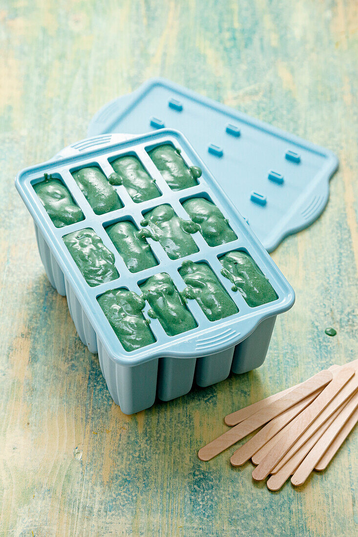 Spirulina ice cream in plastic mould