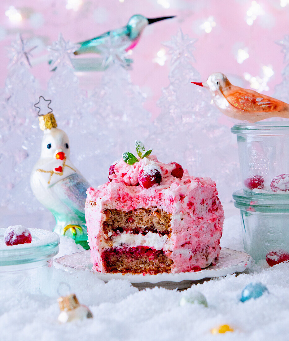 Christmas cake with cranberries and cream filling