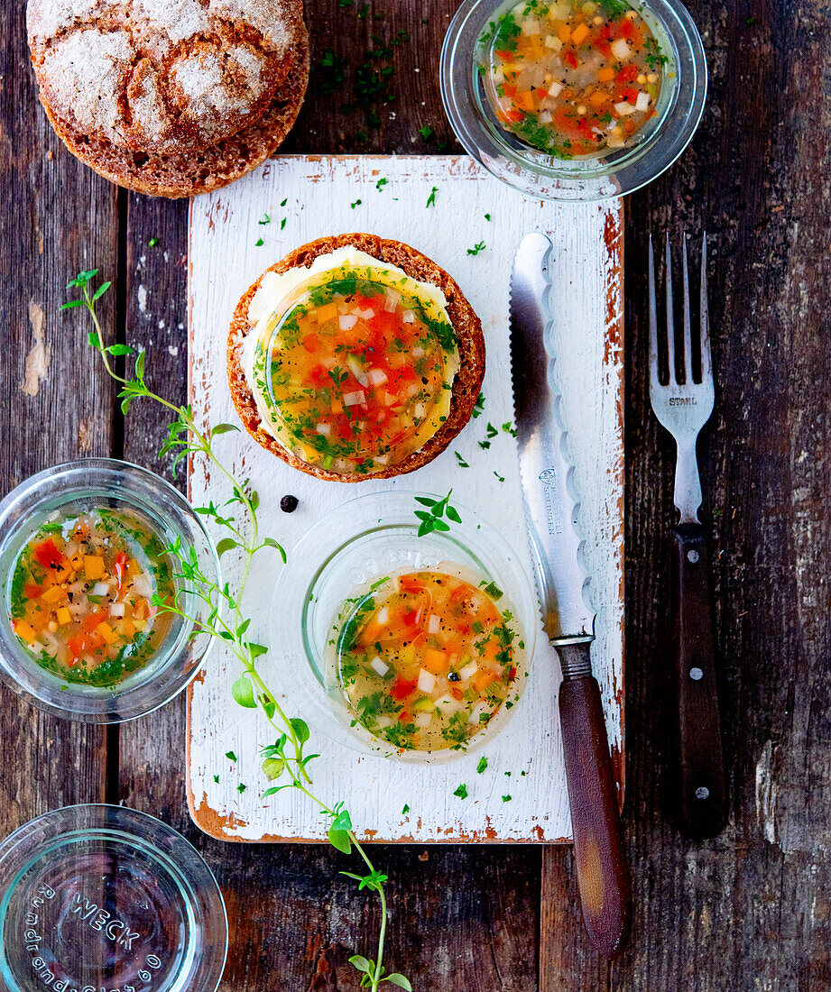 Vegetable aspic from the jar served on rye bread