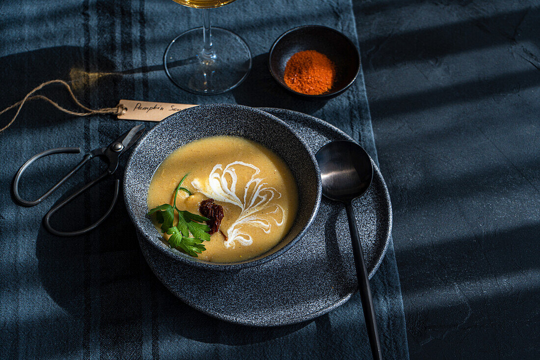 Pumpkin soup with cream and parsley