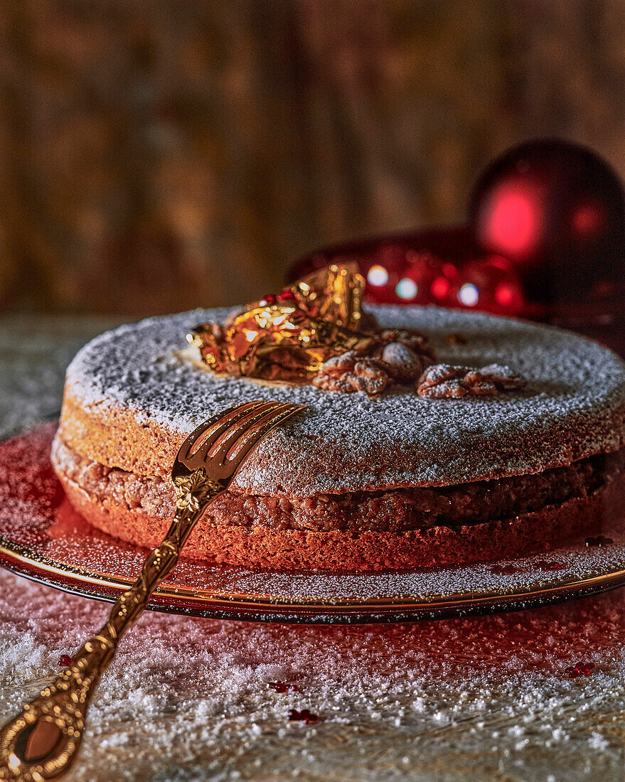 Gâteau aux noix mit Blattgold und Puderzucker