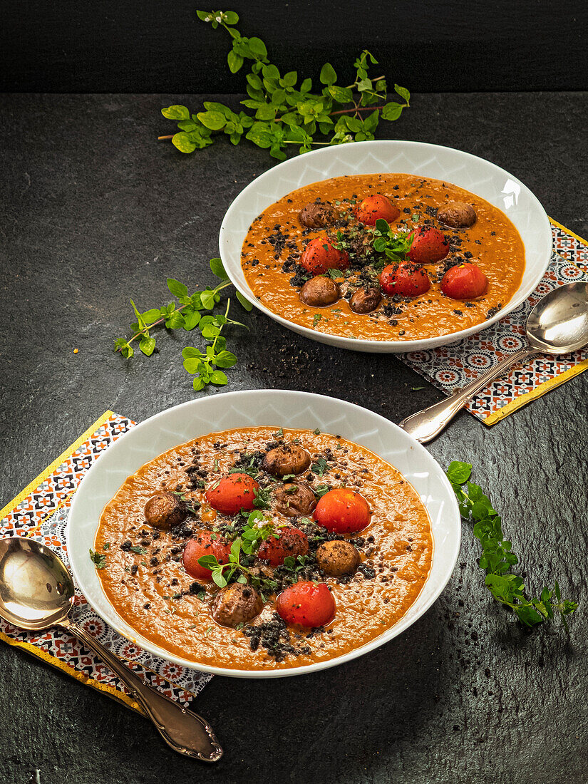 Aubergine soup with cherry tomatoes, mushrooms and herbs