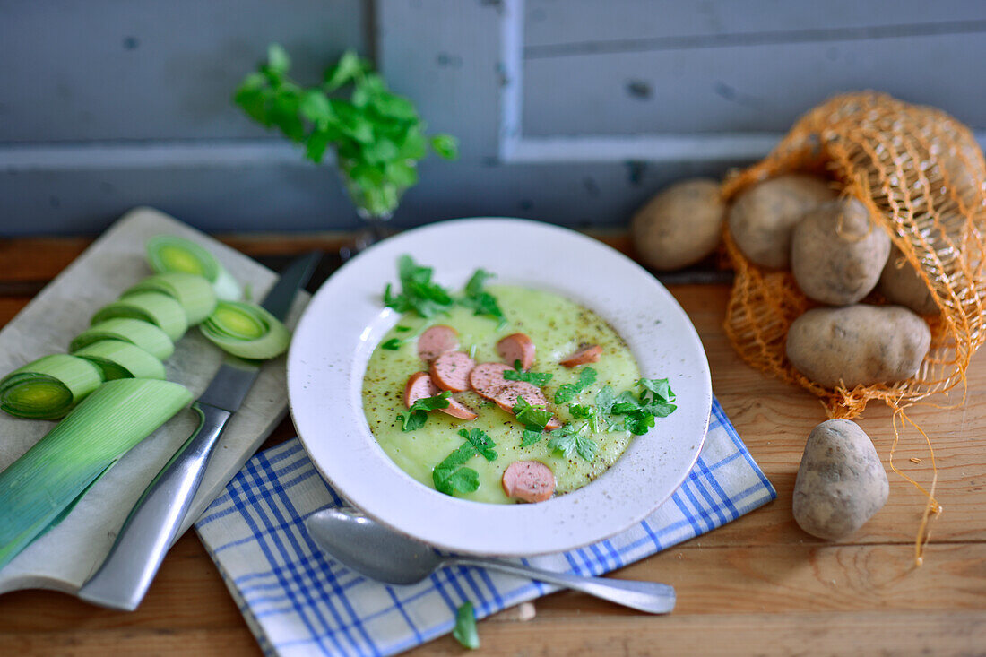 Potato and leek soup with sausage bites