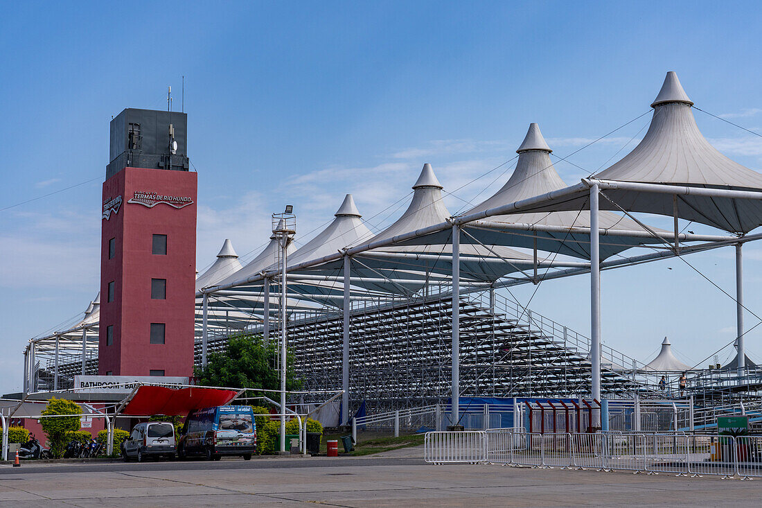 The grandstand at the Termas de Rio Hondo Circuit motorsports racetrack in Argentina.