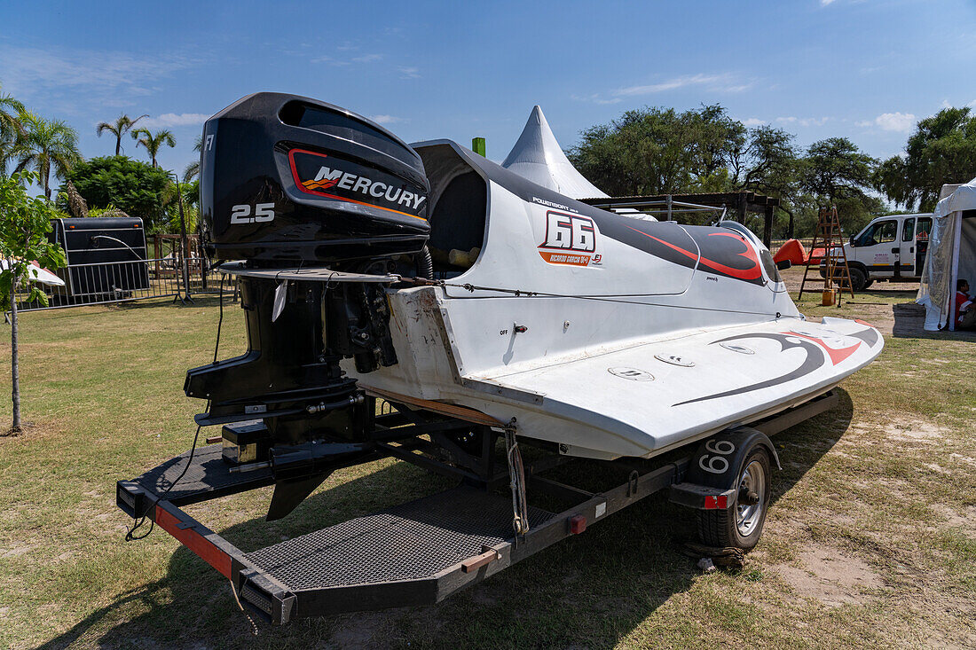 Rear view of a racing boat on land before an F1 Powerboat race in Dique Frontal, Termas de Rio Hondo, Argentina.