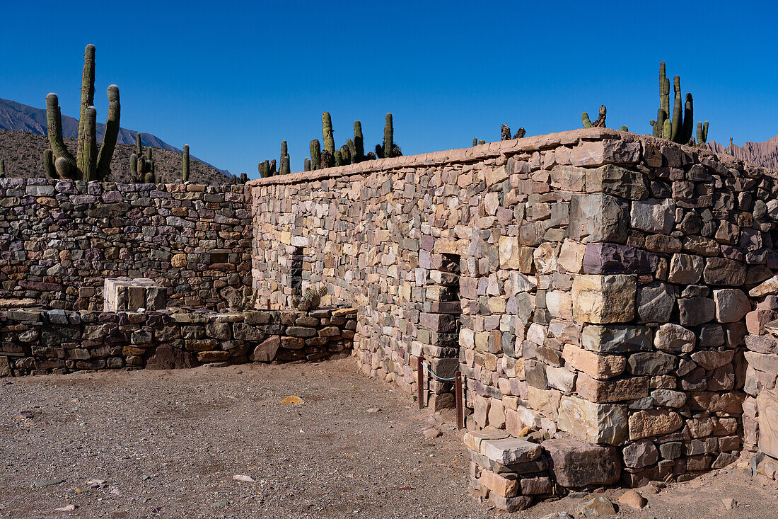 Teilweise rekonstruierte Ruinen in der Pucara von Tilcara, einer prähispanischen archäologischen Stätte in der Nähe von Tilcara, Humahuaca-Tal, Argentinien. Dieses Gebäude war ein zeremonielles Bauwerk der Inka