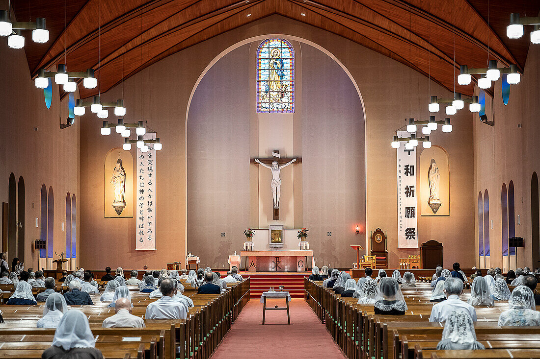 Morning mass on August 9th, every year, in memory of the victims of the atomic bomb. Urakami Cathedral, Nagasaki, Japan