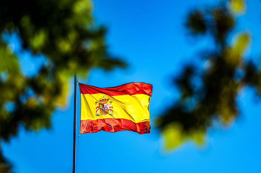 Spanish flag majestically waving against a clear blue sky in Seville, capturing a sense of national pride and vibrant culture.