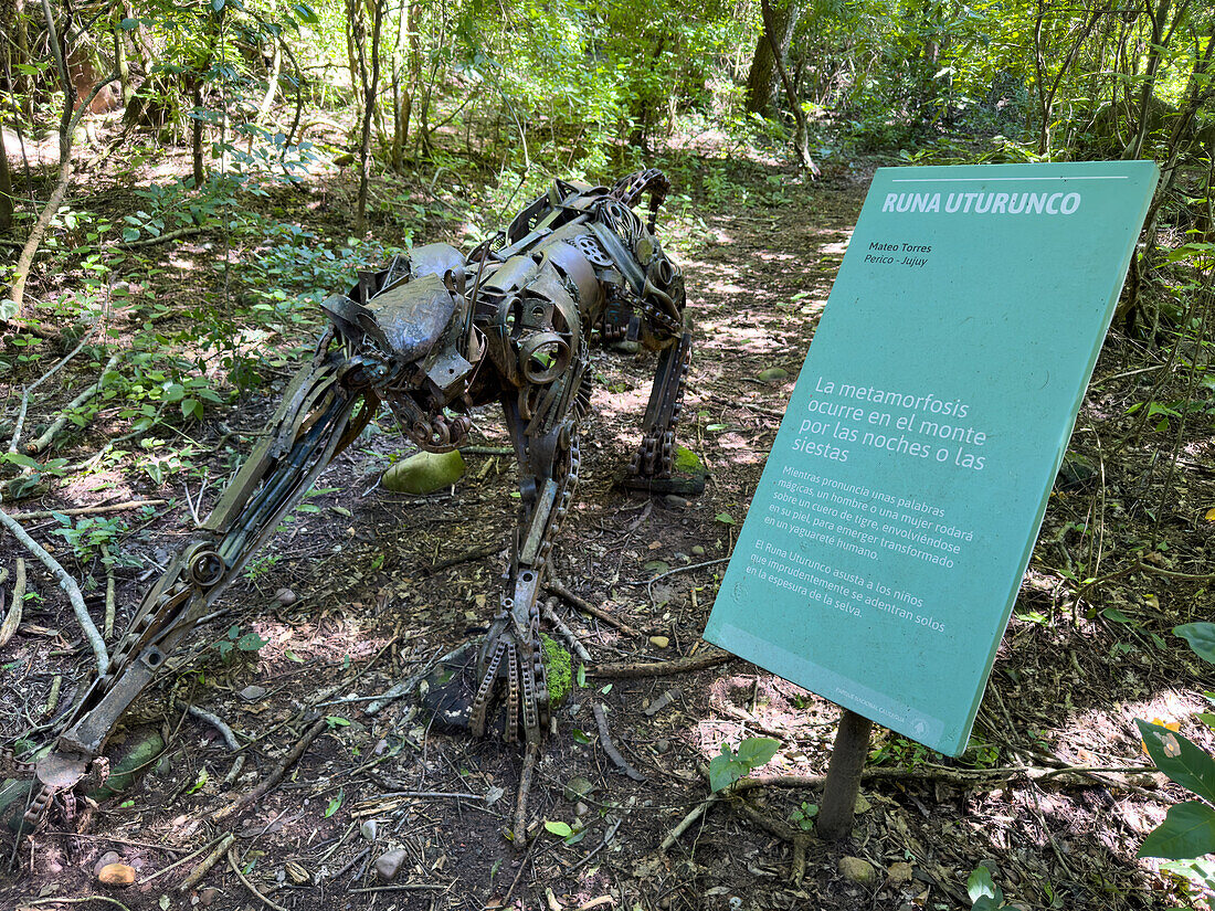 Metal sculpture of a Runa Uturunco along a trail in Calilegua National Park in Argentina. It is were-puma character in indigenous folklore with Quechua origins.