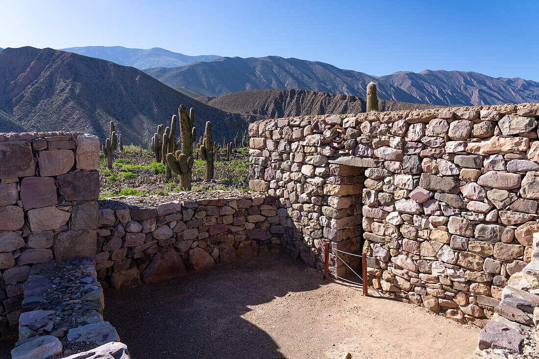 Partially reconstructed ruins in the Pucara of Tilcara, a pre-Hispanic archeological site near Tilcara, Humahuaca Valley, Argentina.