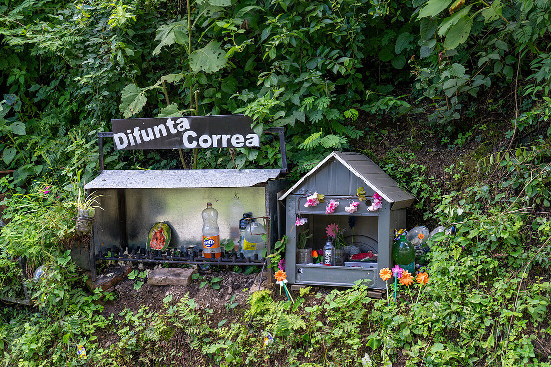 A roadside shrine for the Difunta Correa on Route 9 in the Yungas rainforest between Salta & San Salvador de Jujuy, Argentina.