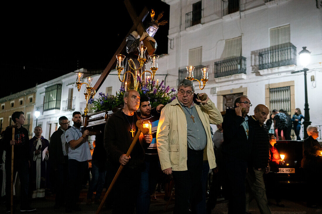 Canaveral, Spain, Apr 12 2017, People participating in a night procession during Semana Santa in Canaveral.