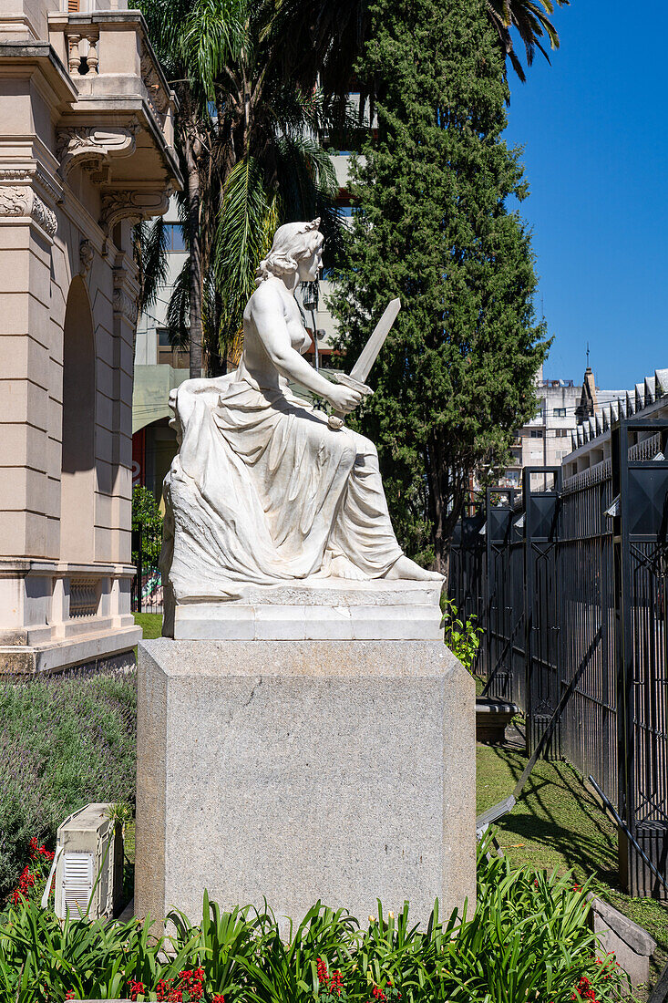 The Lola Mora statue of Justice in front of the Jujuy Government Palace in San Salvador de Jujuy, Argentina.