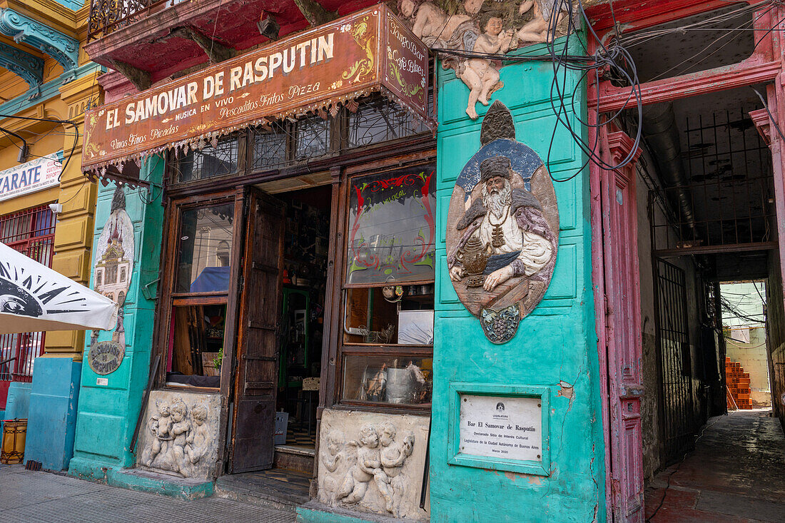 A bas relief sculpture on the front of El Samovar del Rasputin bar in Caminito, La Boca, Buenos Aires, Argentina.